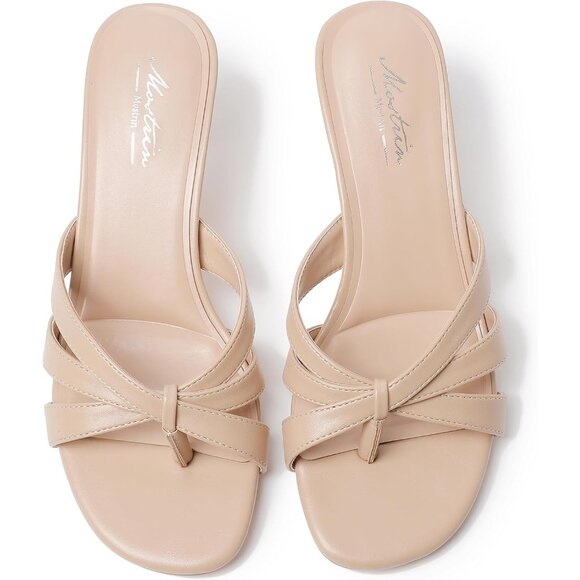 Women Strappy Kitten Nude Heels Open Toe Mules Thong Sandal for Party Wedding - Picture 3 of 9